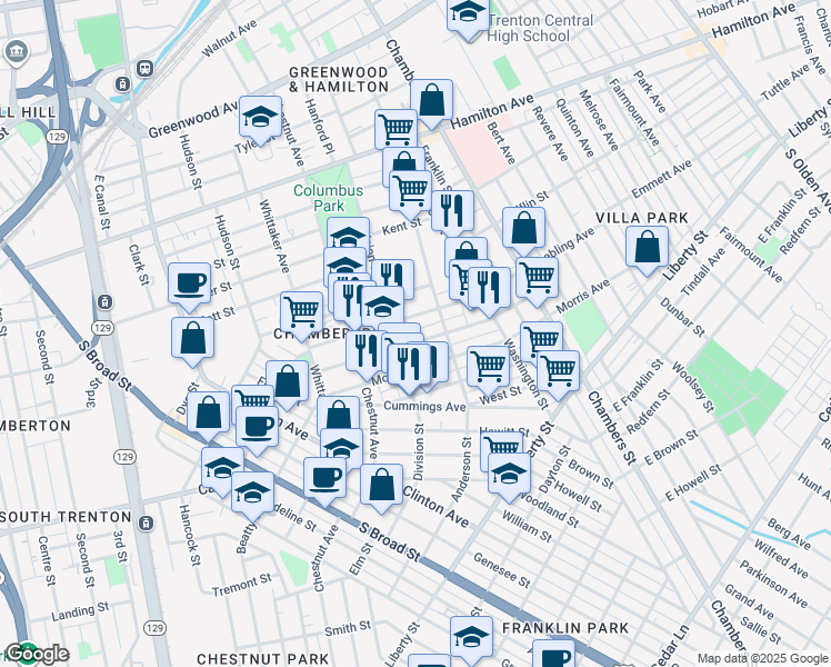 map of restaurants, bars, coffee shops, grocery stores, and more near 433 Emory Avenue in Trenton