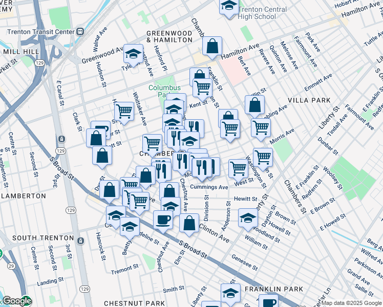 map of restaurants, bars, coffee shops, grocery stores, and more near 332 Emory Avenue in Trenton