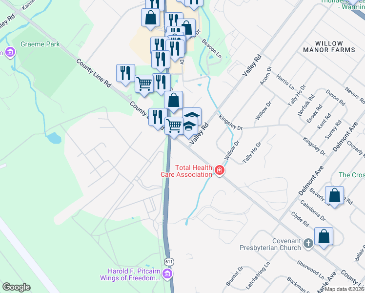 map of restaurants, bars, coffee shops, grocery stores, and more near 727 West County Line Road in Hatboro