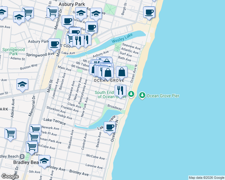 map of restaurants, bars, coffee shops, grocery stores, and more near 20 Embury Avenue in Neptune Township