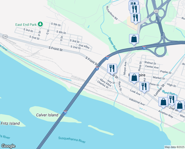 map of restaurants, bars, coffee shops, grocery stores, and more near Pennsylvania Turnpike in Harrisburg