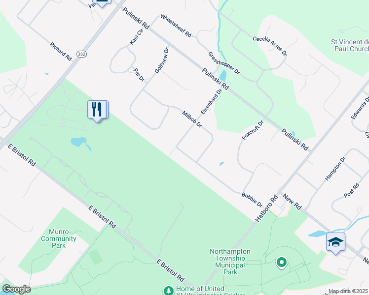 map of restaurants, bars, coffee shops, grocery stores, and more near 95 Eisenhard Drive in Ivyland