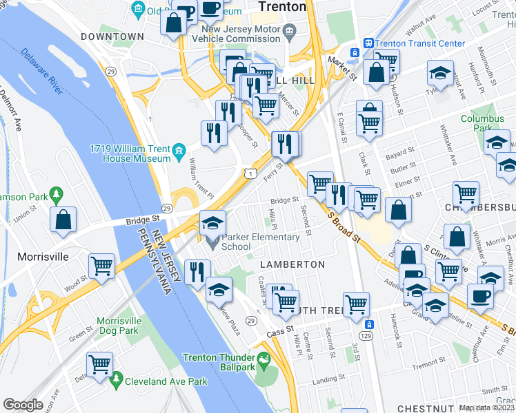 map of restaurants, bars, coffee shops, grocery stores, and more near 477 Bridge Street in Trenton