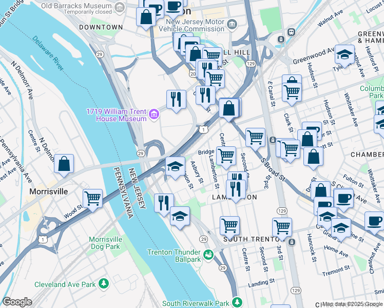 map of restaurants, bars, coffee shops, grocery stores, and more near Bridge Street in Trenton