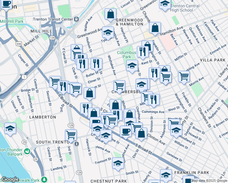 map of restaurants, bars, coffee shops, grocery stores, and more near 23 Swan Street in Trenton