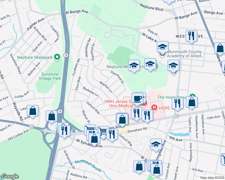 map of restaurants, bars, coffee shops, grocery stores, and more near 500 Mayfair Lane in Neptune City