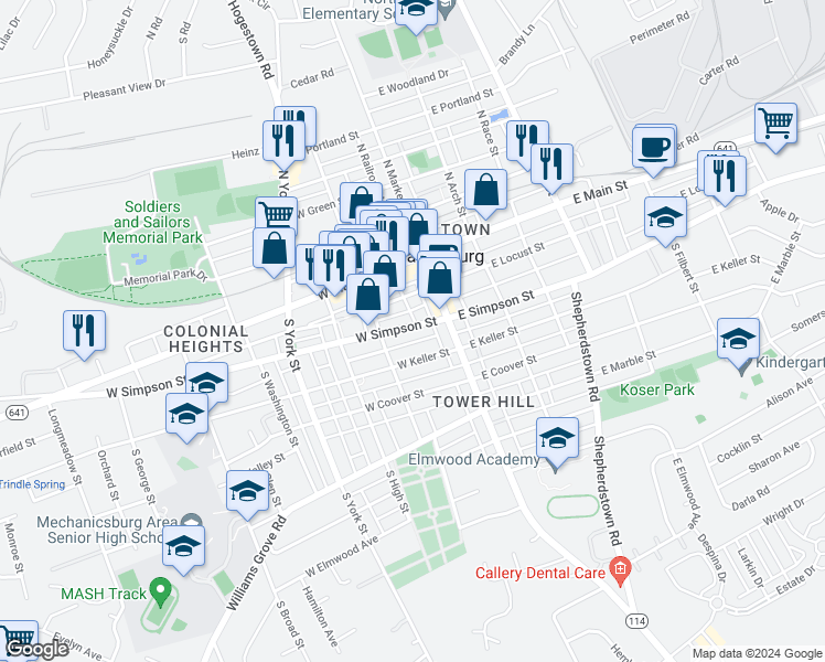 map of restaurants, bars, coffee shops, grocery stores, and more near 23 West Simpson Street in Mechanicsburg