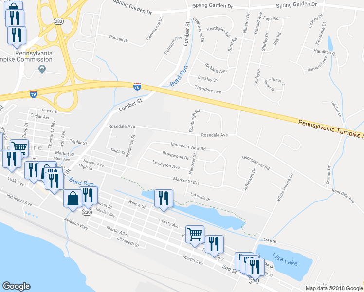 map of restaurants, bars, coffee shops, grocery stores, and more near 1901 Mountain View Road in Middletown
