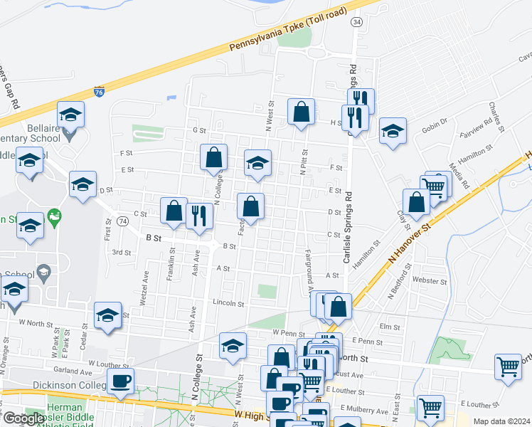 map of restaurants, bars, coffee shops, grocery stores, and more near 723 North West Street in Carlisle