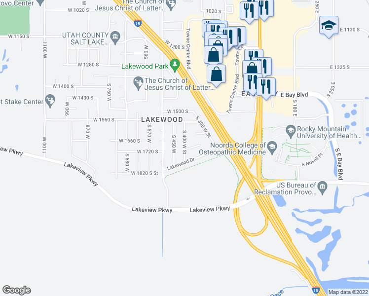 map of restaurants, bars, coffee shops, grocery stores, and more near 1669 South 400 West Street in Provo