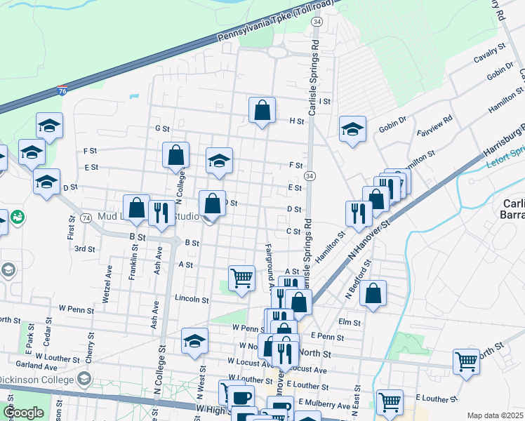 map of restaurants, bars, coffee shops, grocery stores, and more near 731 North Pitt Street in Carlisle