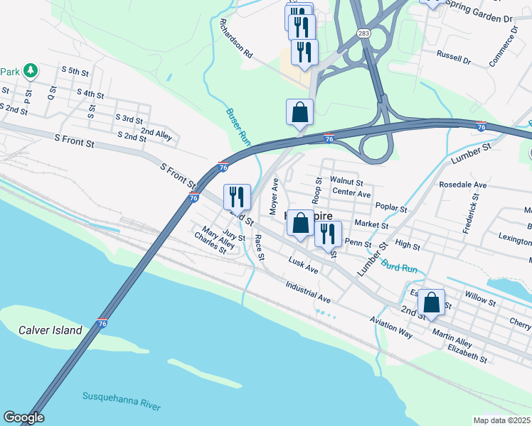 map of restaurants, bars, coffee shops, grocery stores, and more near 21 Race Street in Highspire