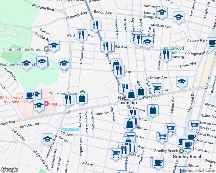 map of restaurants, bars, coffee shops, grocery stores, and more near 55 New Jersey 35 in Neptune City