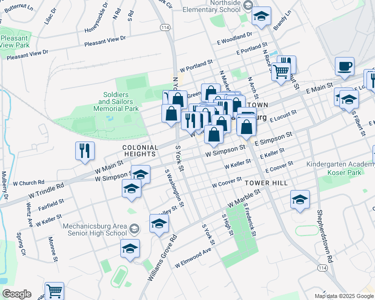 map of restaurants, bars, coffee shops, grocery stores, and more near 221 West Locust Street in Mechanicsburg