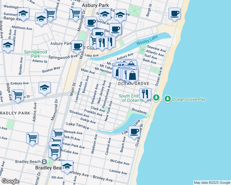 map of restaurants, bars, coffee shops, grocery stores, and more near 63 Abbott Avenue in Neptune Township