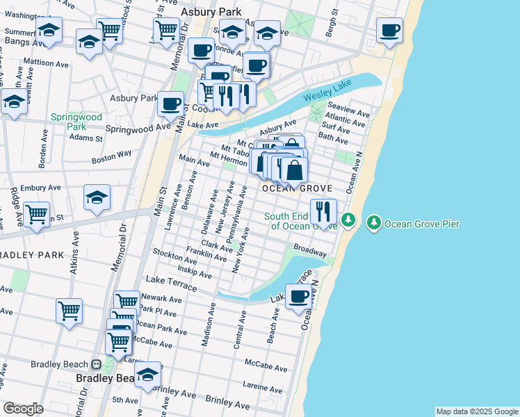 map of restaurants, bars, coffee shops, grocery stores, and more near 63 Abbott Avenue in Neptune Township