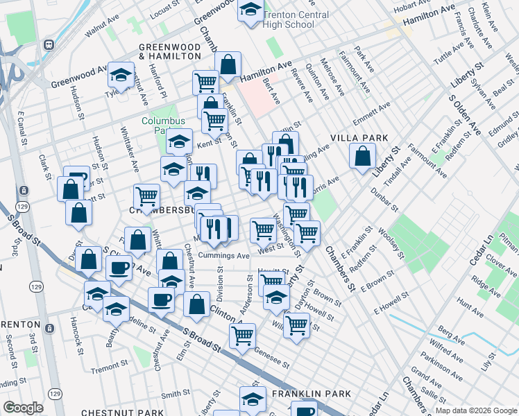map of restaurants, bars, coffee shops, grocery stores, and more near 314 Morris Avenue in Trenton