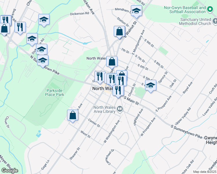 map of restaurants, bars, coffee shops, grocery stores, and more near in North Wales