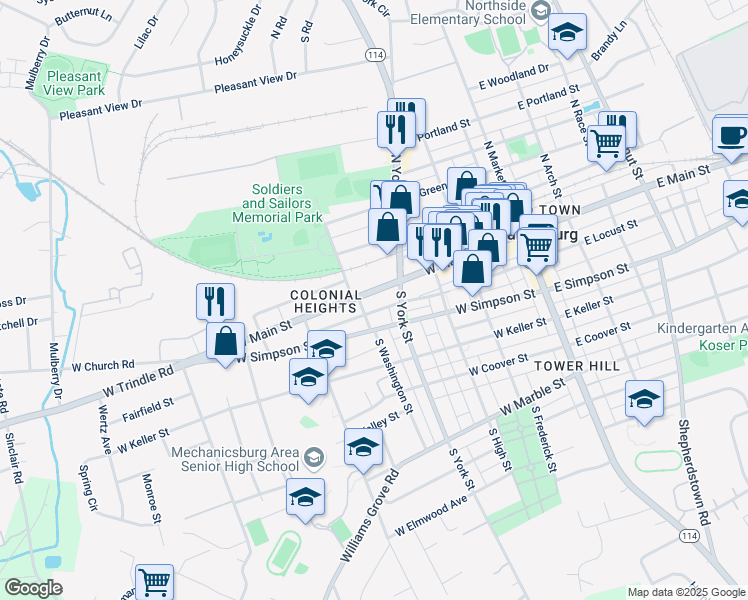 map of restaurants, bars, coffee shops, grocery stores, and more near 13 South Washington Street in Mechanicsburg