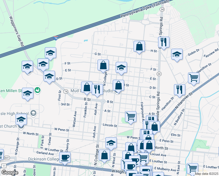 map of restaurants, bars, coffee shops, grocery stores, and more near 238 C Street in Carlisle