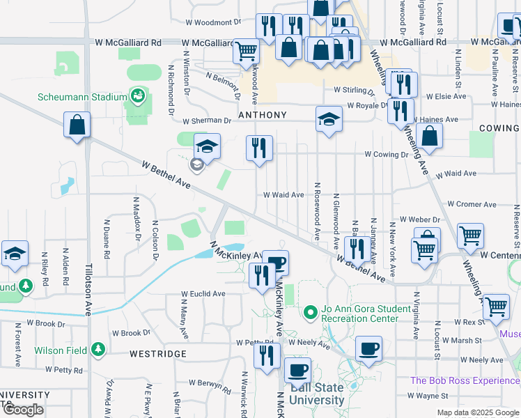 map of restaurants, bars, coffee shops, grocery stores, and more near 2001 W Bethel Ave in Muncie