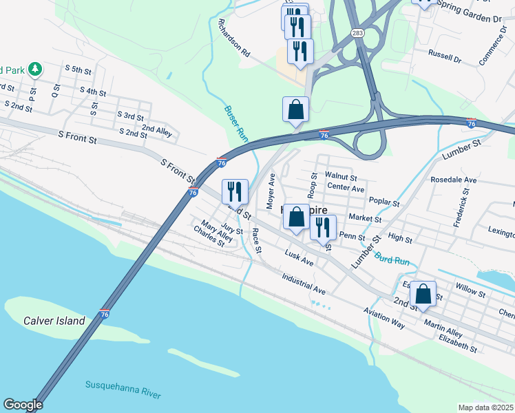 map of restaurants, bars, coffee shops, grocery stores, and more near 21 Race Street in Highspire
