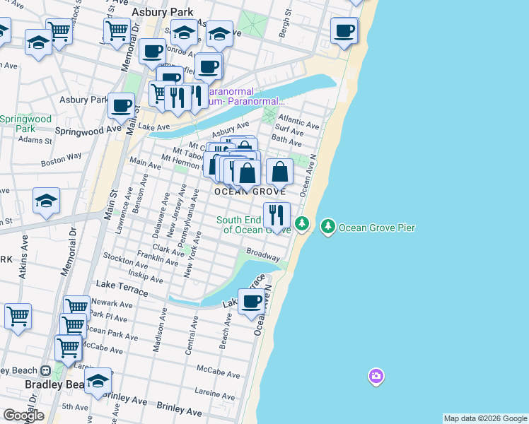 map of restaurants, bars, coffee shops, grocery stores, and more near 20 Embury Avenue in Neptune Township