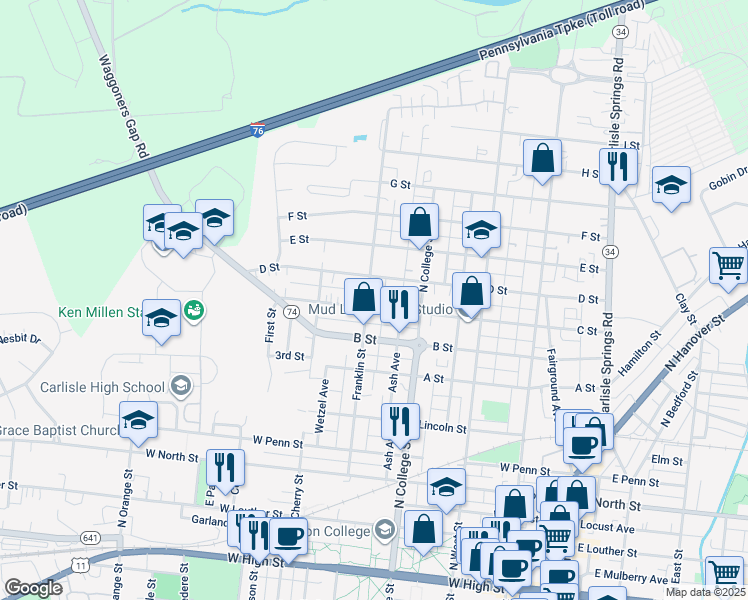 map of restaurants, bars, coffee shops, grocery stores, and more near 363 C Street in Carlisle