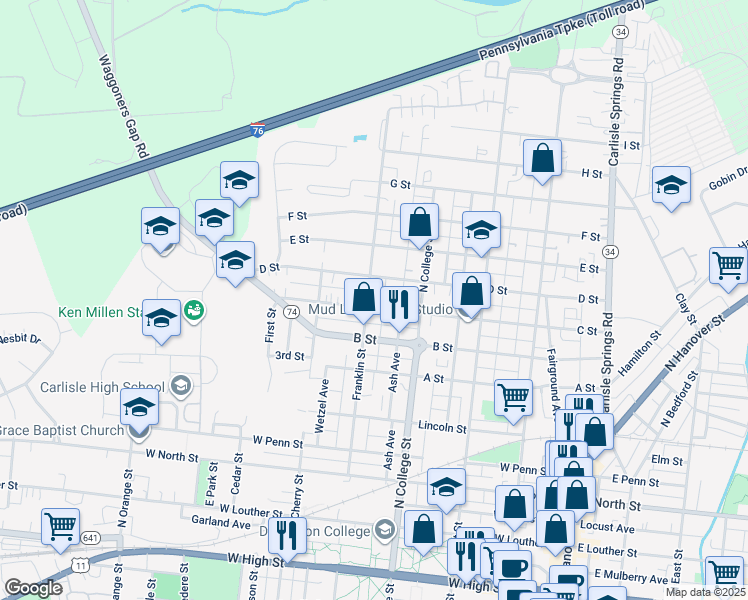 map of restaurants, bars, coffee shops, grocery stores, and more near 363 C Street in Carlisle