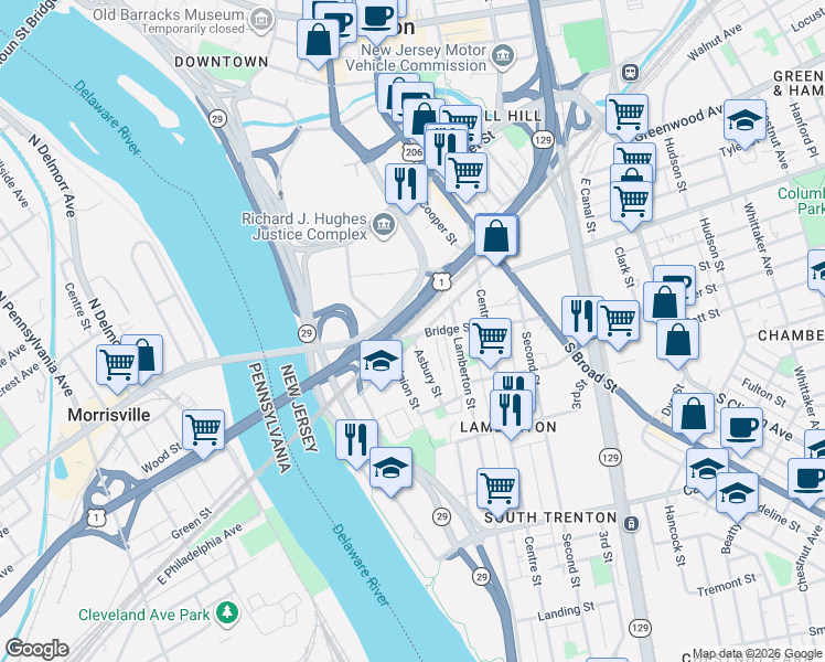 map of restaurants, bars, coffee shops, grocery stores, and more near 213 Ferry Street in Trenton