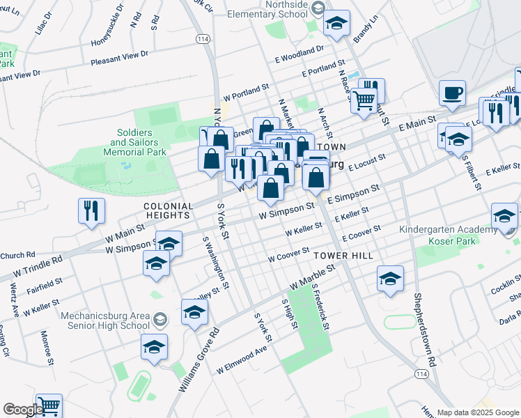 map of restaurants, bars, coffee shops, grocery stores, and more near 133 West Locust Street in Mechanicsburg