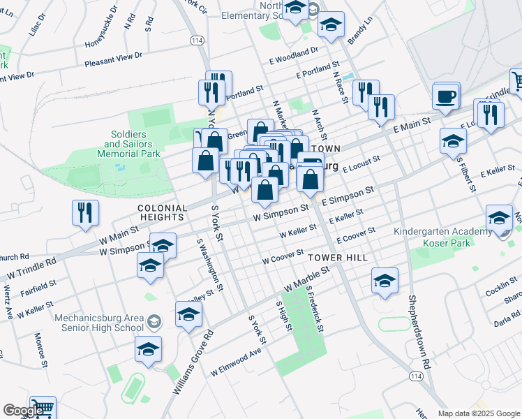 map of restaurants, bars, coffee shops, grocery stores, and more near 133 West Locust Street in Mechanicsburg