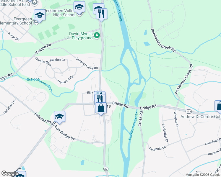map of restaurants, bars, coffee shops, grocery stores, and more near 435 Bridge Road in Collegeville