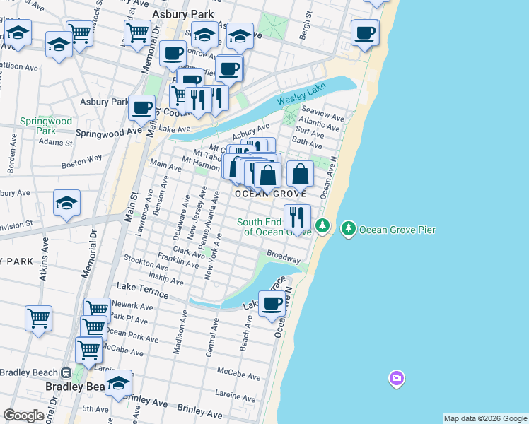 map of restaurants, bars, coffee shops, grocery stores, and more near 45 Embury Avenue in Monmouth County
