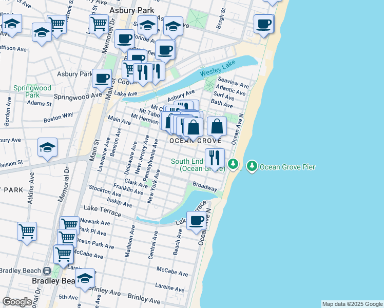 map of restaurants, bars, coffee shops, grocery stores, and more near 44 Webb Avenue in Neptune Township