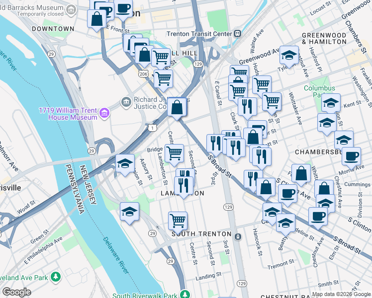 map of restaurants, bars, coffee shops, grocery stores, and more near 127 Second Street in Trenton
