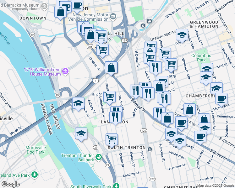 map of restaurants, bars, coffee shops, grocery stores, and more near 635 Bridge Street in Trenton