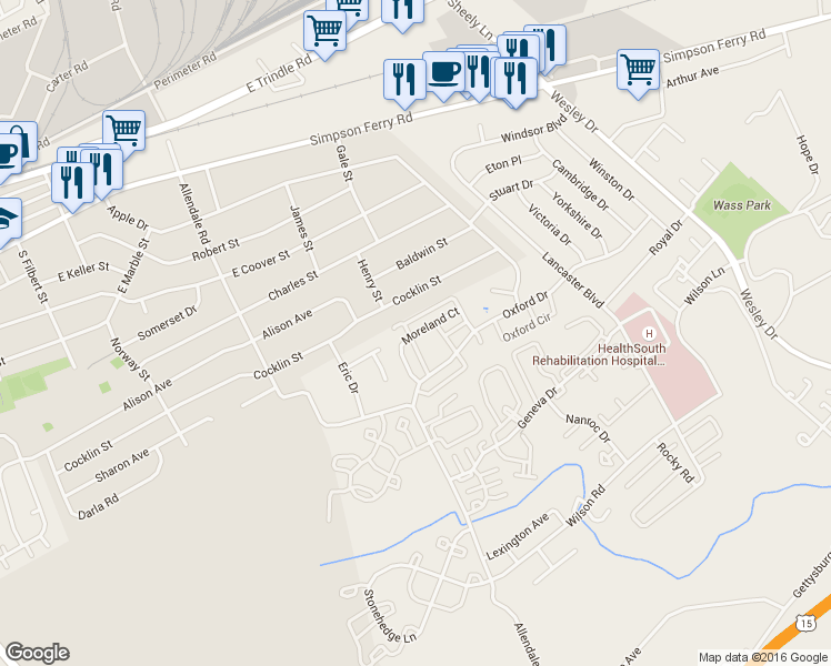 map of restaurants, bars, coffee shops, grocery stores, and more near 5540 Moreland Court in Mechanicsburg