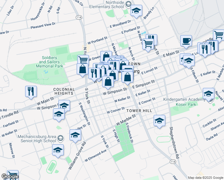map of restaurants, bars, coffee shops, grocery stores, and more near 52 West Simpson Street in Mechanicsburg
