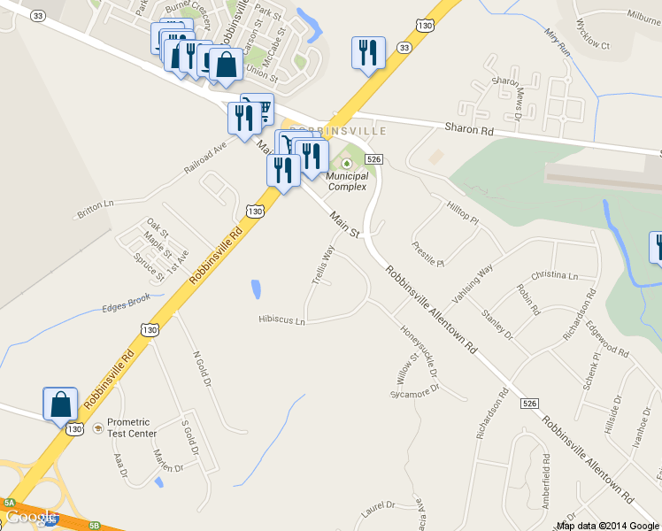map of restaurants, bars, coffee shops, grocery stores, and more near 8 Trellis Way in Robbinsville