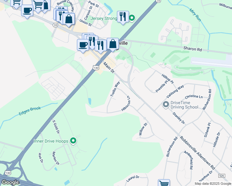 map of restaurants, bars, coffee shops, grocery stores, and more near 1 Grapevine Court in Robbinsville Township