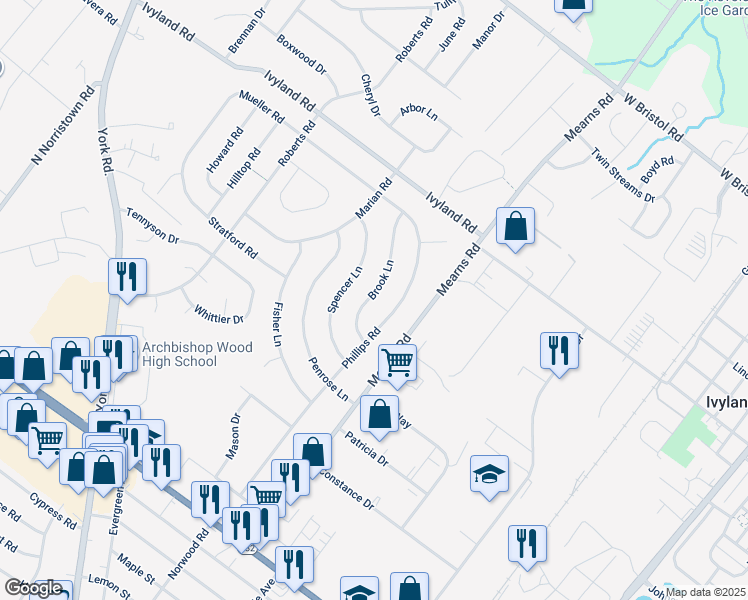 map of restaurants, bars, coffee shops, grocery stores, and more near 537 Brook Lane in Warminster
