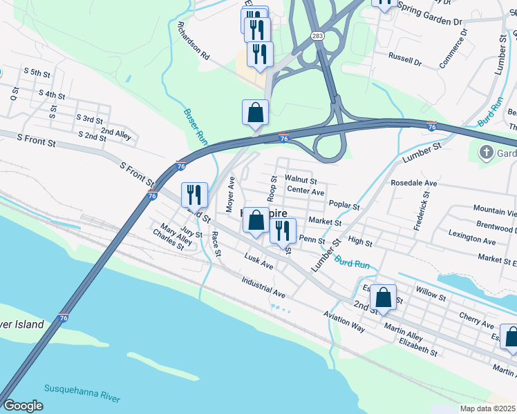 map of restaurants, bars, coffee shops, grocery stores, and more near 176 Market Street in Highspire