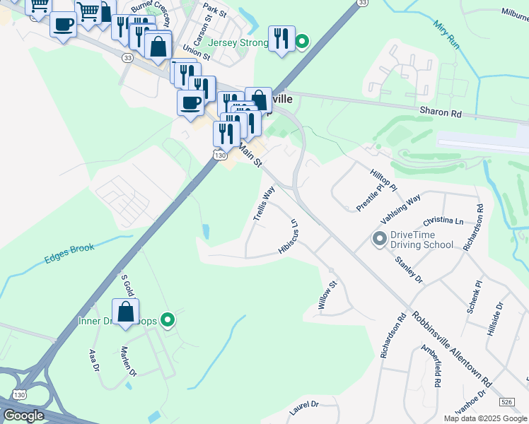 map of restaurants, bars, coffee shops, grocery stores, and more near 8 Trellis Way in Robbinsville