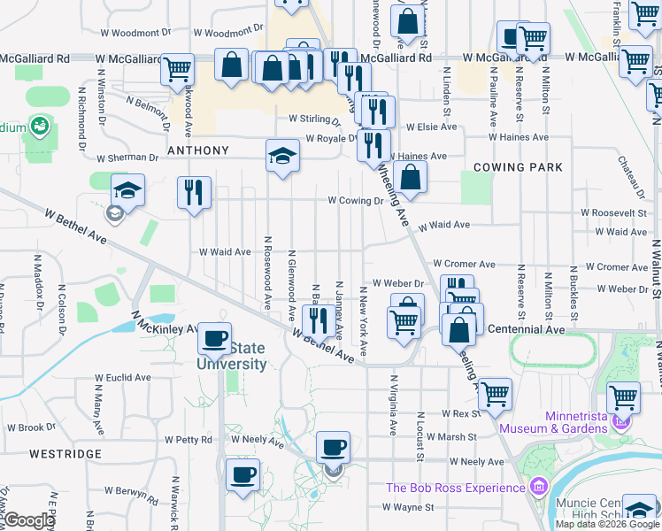 map of restaurants, bars, coffee shops, grocery stores, and more near 2101 North Janney Avenue in Muncie