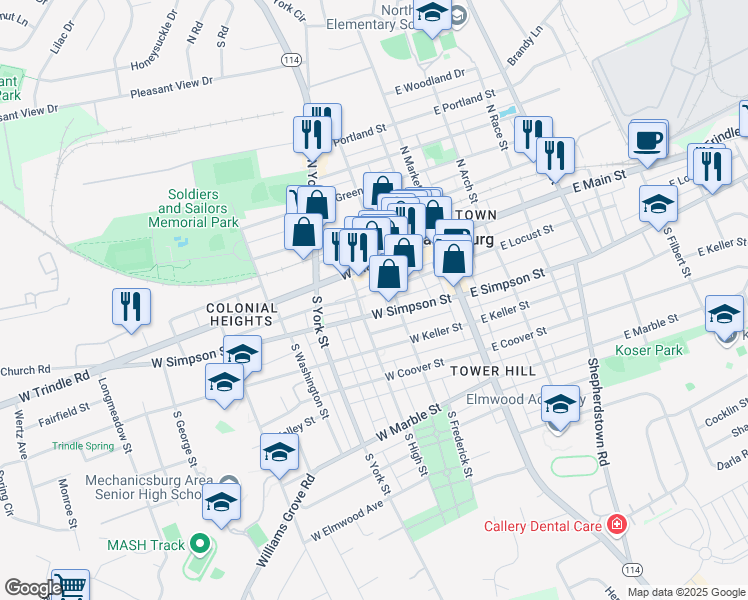 map of restaurants, bars, coffee shops, grocery stores, and more near 133 West Locust Street in Mechanicsburg