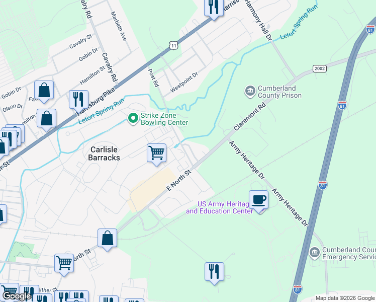 map of restaurants, bars, coffee shops, grocery stores, and more near 754 Craig Road in Carlisle