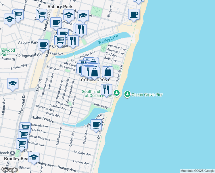 map of restaurants, bars, coffee shops, grocery stores, and more near 8 Olin Street in Neptune Township