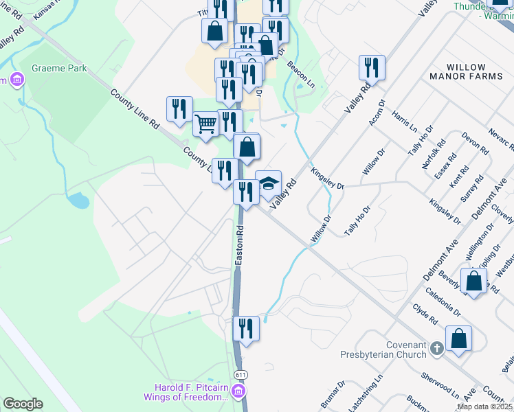 map of restaurants, bars, coffee shops, grocery stores, and more near 1309 West County Line Road in Hatboro