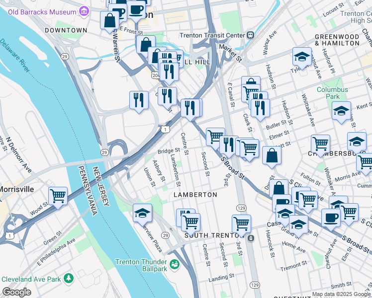 map of restaurants, bars, coffee shops, grocery stores, and more near Centre Street & Bridge Street in Trenton